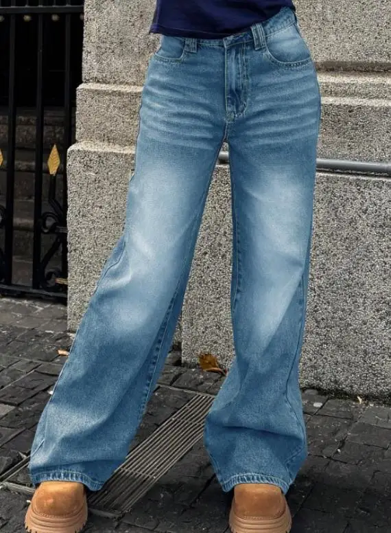 ファッショナブルでミニマルなハイウエストストレートレッグジーンズ、女性用、カジュアルで多用途、クラシックな無地スリムフィットジーンズ