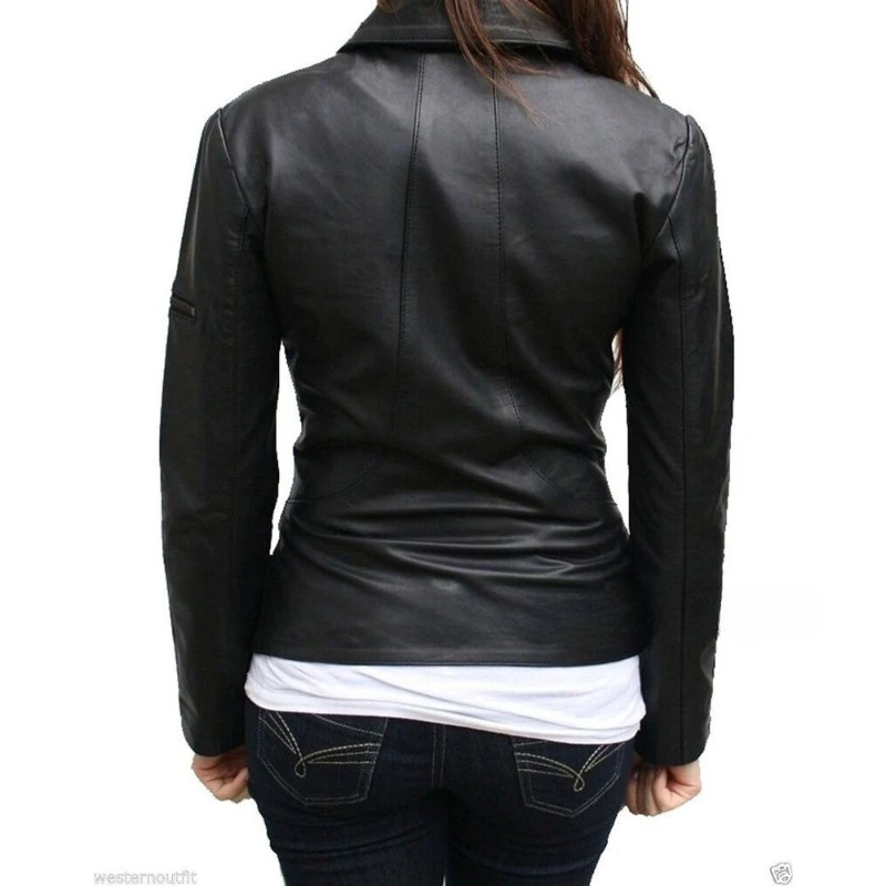 NEW Women's Genuine Lambskin Real Leather Jacket Black Stylish Collar Party Coat