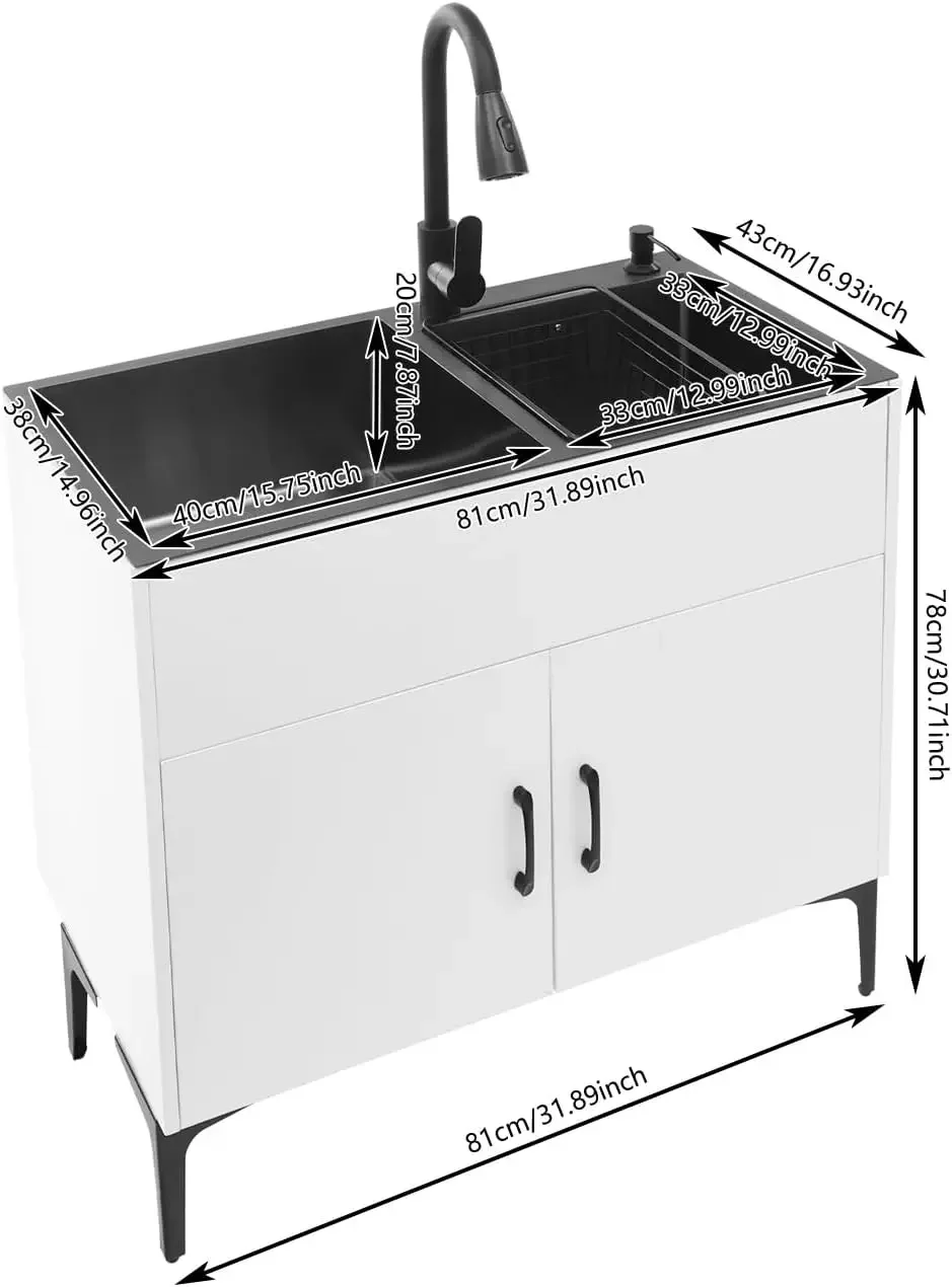 Laundry Sink,30in Freestanding Sink Cabinet,Kitchen Stainless Steel Sinks with with Double Bowl,Deep Utility Sinks with cabinet view 3