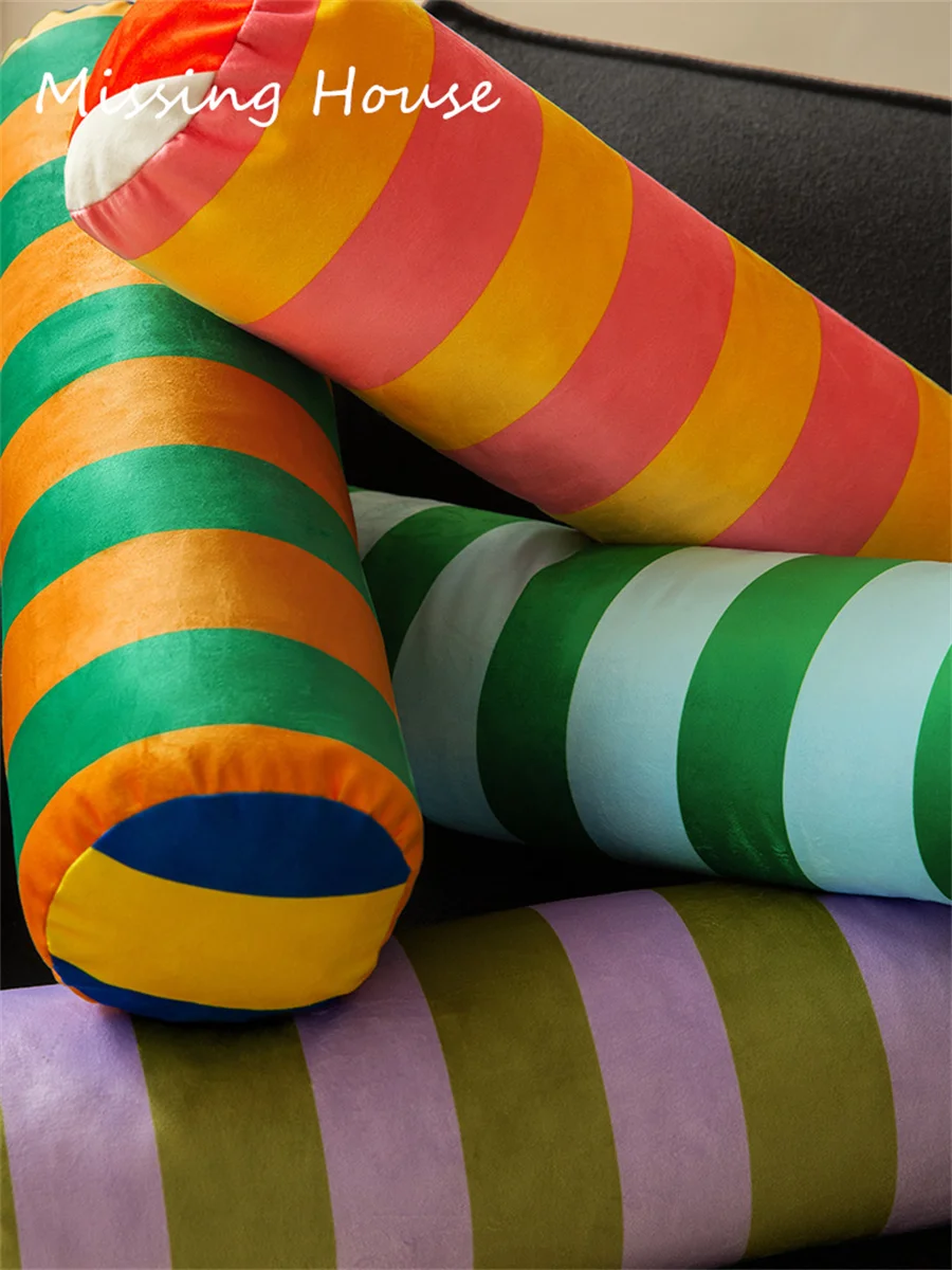 Long Column Pillows Retro Stripe Cushion Velvet Round Bed Roll Cushion Pillow with Core Living Room Sofa Long Round Waist Pillow