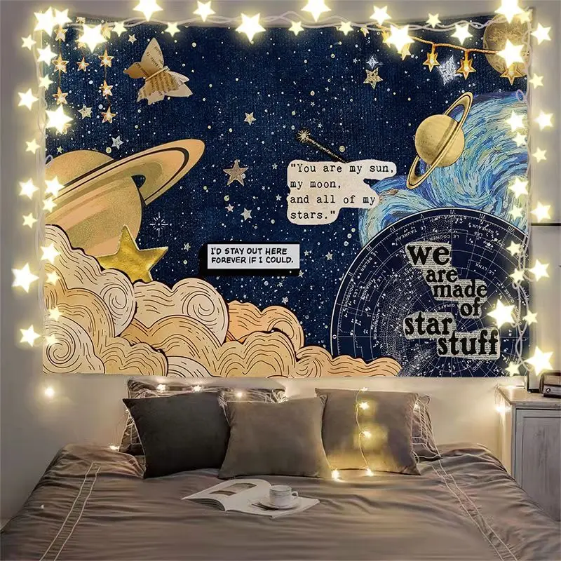 VIKAMA Galaxy Planets Quote Art Horizontal Tapestry Wall Hanging for Room Aesthetic Cozy Modern Minimalist Style Home Decor