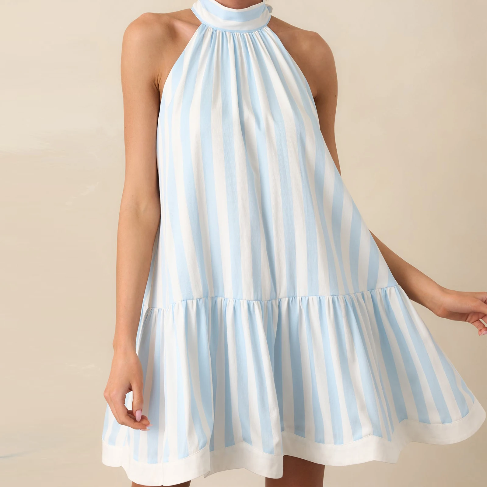 Women Summer Mini Tank Dress Sleeveless Cold Shoulder Trendy Striped Beach Dress