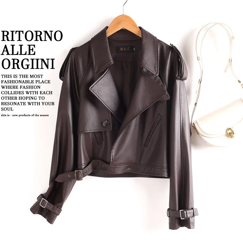 

Short Loose Women's Genuine Leather Jacket 2026 Spring New Arrival Sheepskin High Quality Long Sleeve Fashion Premium Coat