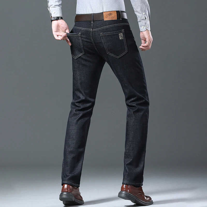 Winter Fleece Warm Jeans Fashion Business Pants Retro Classic Denim Trousers Autumn Casual Stretch Slim Jeans for Men Dad Gift