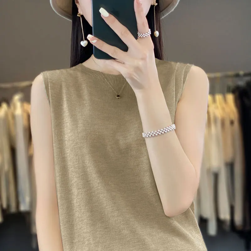 2023 Summer Round Neck Sleeveless Fine Wool Tank Top Women's Thin Inner Layer Loose Knitted Outer Layer Top T-shirt