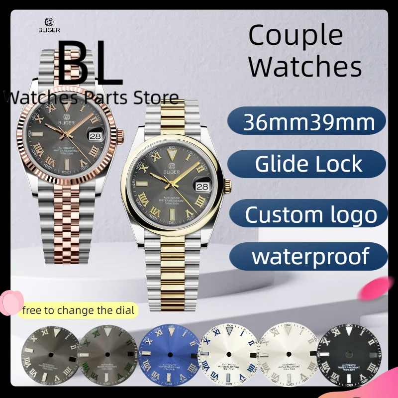 

BLIGER 36mm39mm Two Tone Rose Gold Men's Watches Sapphire Glass Sunburst Gray Dial Rose Roman Index Luminous Indices Waterproof