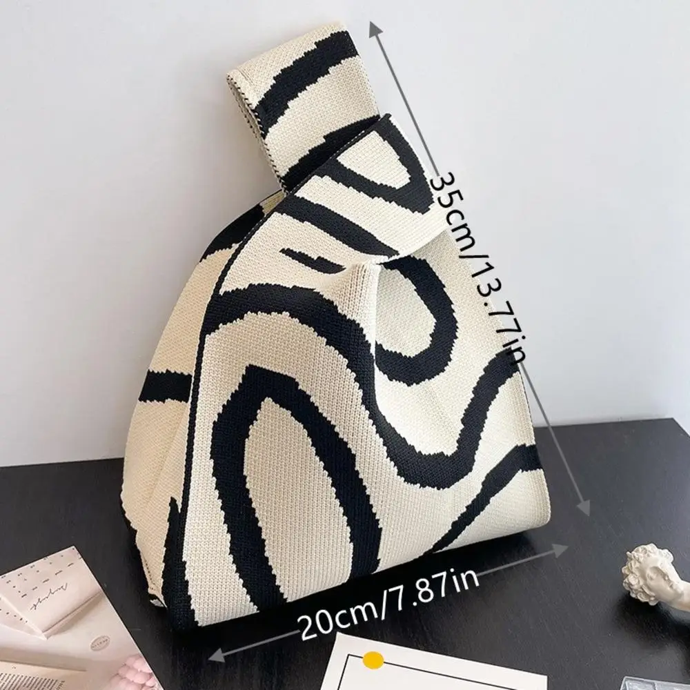 Handmade Knit Handbag Women Mini Knot Wrist Bag Japanese Casual Color Wide Stripe Plaid Tote Bag Student Reusable Shopping Bags