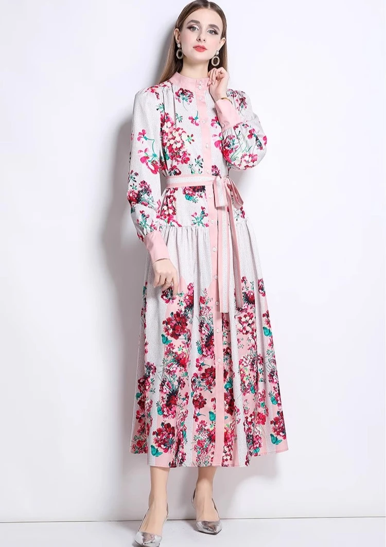 Elegant ฤดูใบไม้ร่วงแขนยาว Maxi ชุดเสื้อผู้หญิงเดี่ยวหลวมขนาดใหญ่ชุดดอกไม้หญิงสาย Casual Vestidos