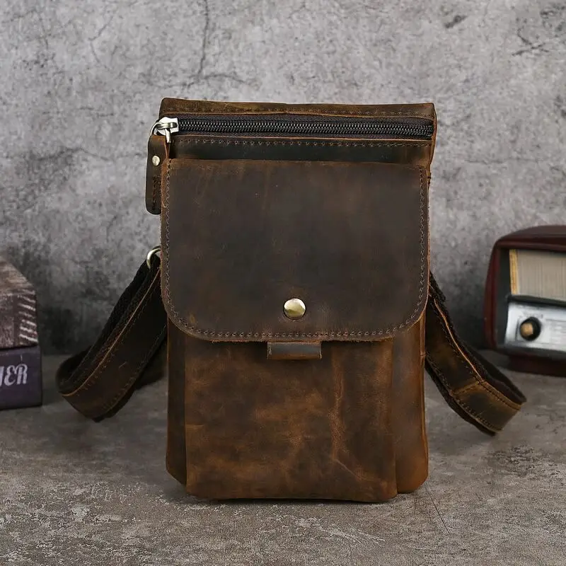 Retro Style Crazy  Top Layer Cowhide Men's Outdoor Waist Bag Shoulder Bag Mobile Phone Bag Small Backpack 8 Inches
