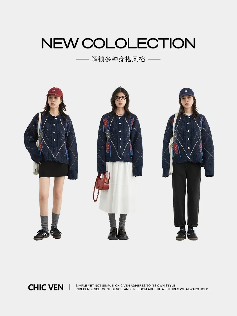 CHIC VEN Women\'s Knitted Cardigan Warm Loose Vintage Sweater Colorful Diamond Pattern Female Jumpers Autumn Winter Clothes 2024