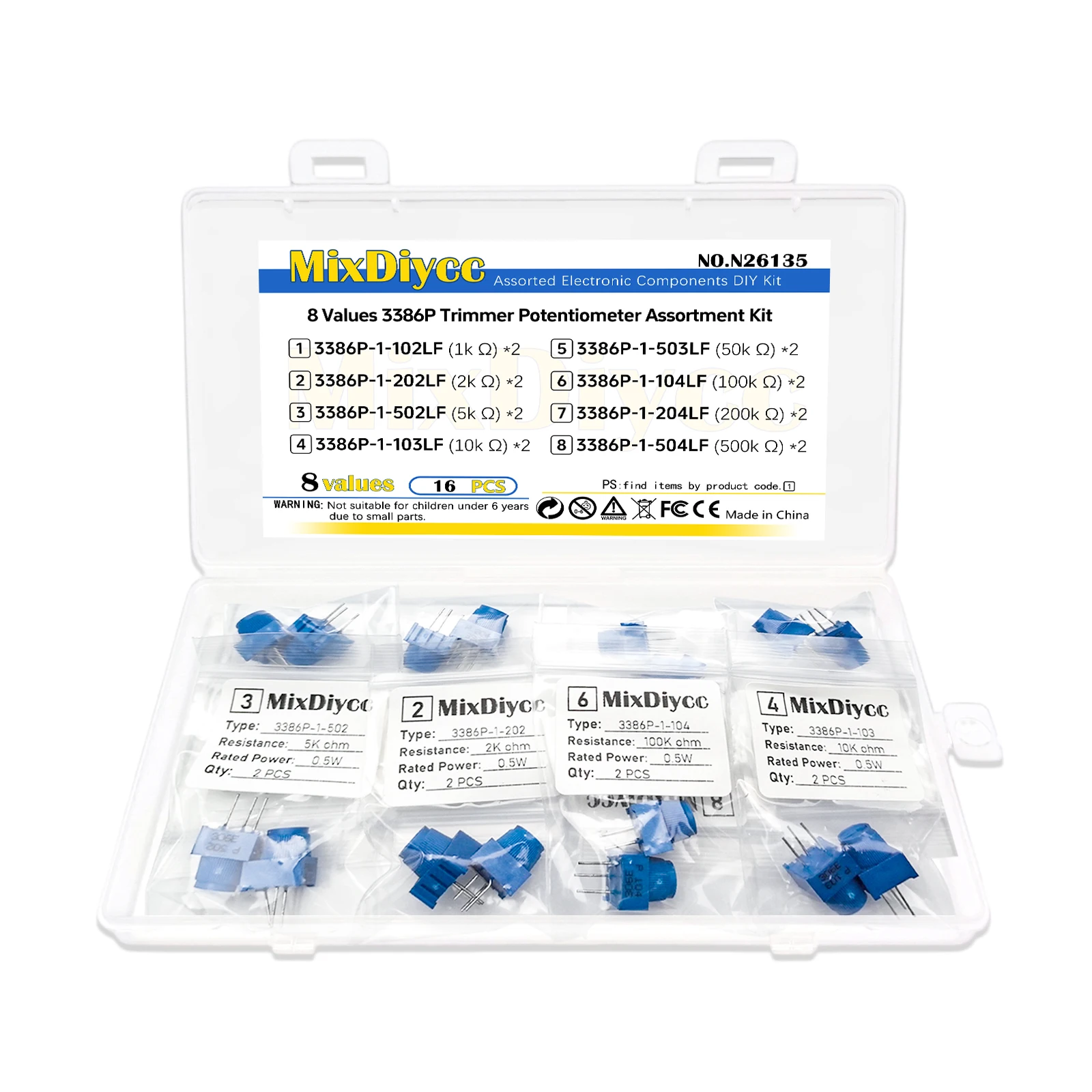 8 Values 3386P Trim Potentiometer Kit With Knob 1k/2k/5k/10k/50k/100k/200k/500k ohm 102/502/103/503/104 Resistor Total 16 Pcs