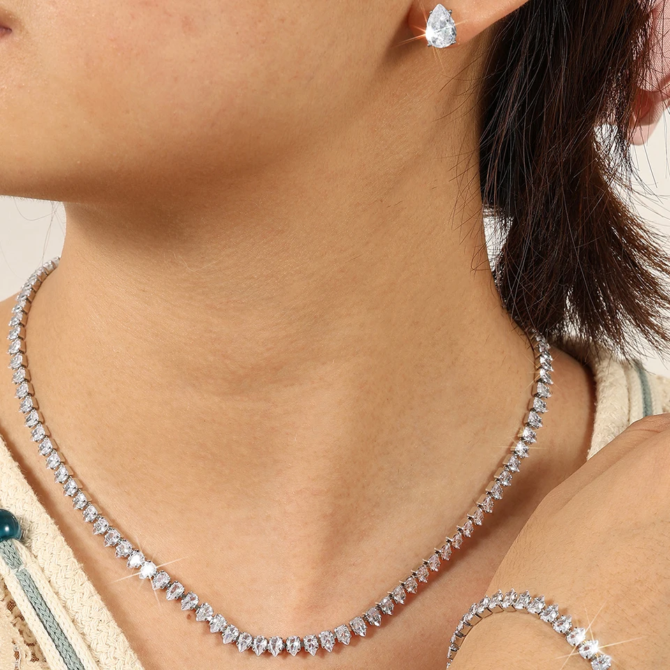 ZAKOL Minimalist Cubic Zirconia Water Drop Necklace Earrings Bracelet Set For Women Luxury Stylish Bridal Wedding Party Jewelry