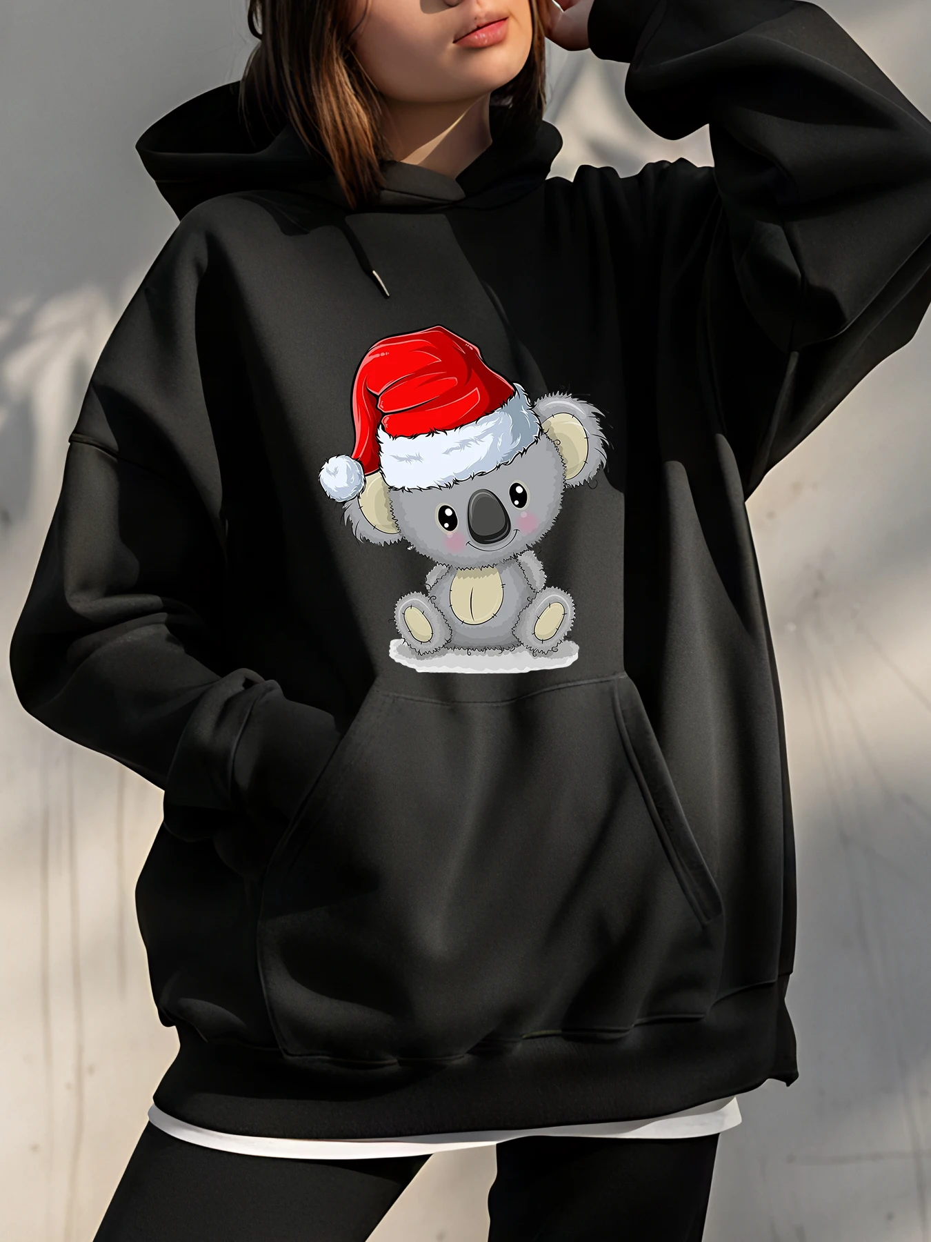 

Симпатичная рождественская толстовка с изображением коалы и шляпы Санта-Клауса для женщин, повседневная зимняя одежда