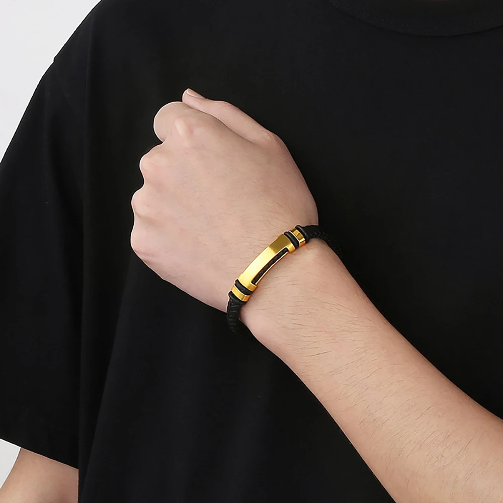 Fashionable new 11MM modern men's woven leather bracelet, laser-engraved stainless steel bracelet
