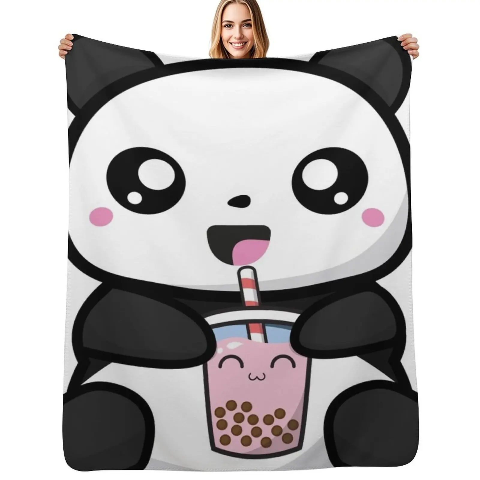 Panda Boba Kawaii Bubble Tea Throw Blanket Cozy Napping Blanket Gift for Mom Dad