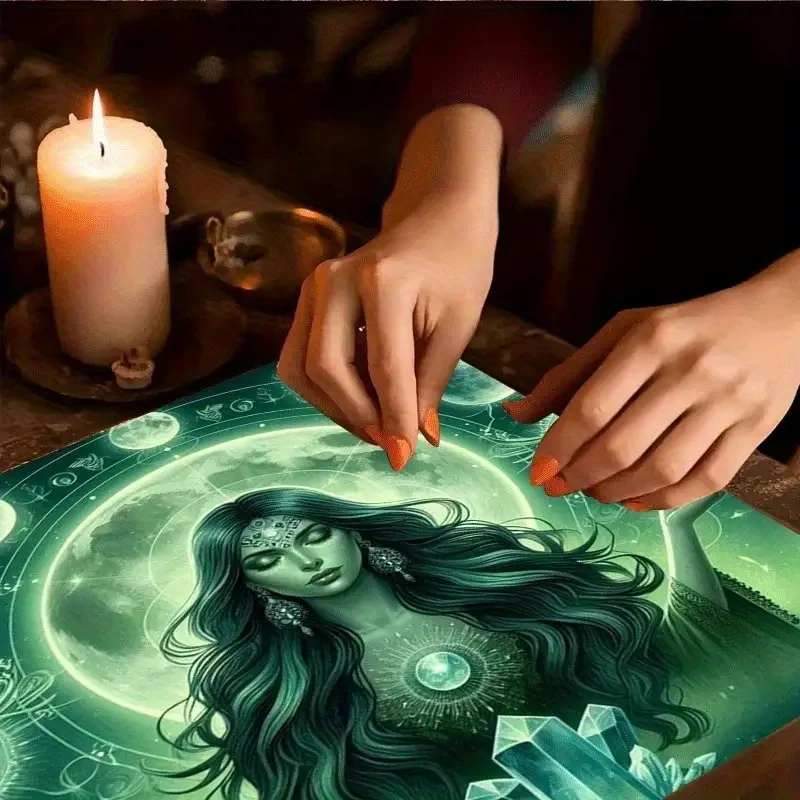 1pc Mystical Moon Phase & Crystal Tarot Altar Cloth - High-Quality Polyester Religious Divination Tablecloth with Scrying Symbol