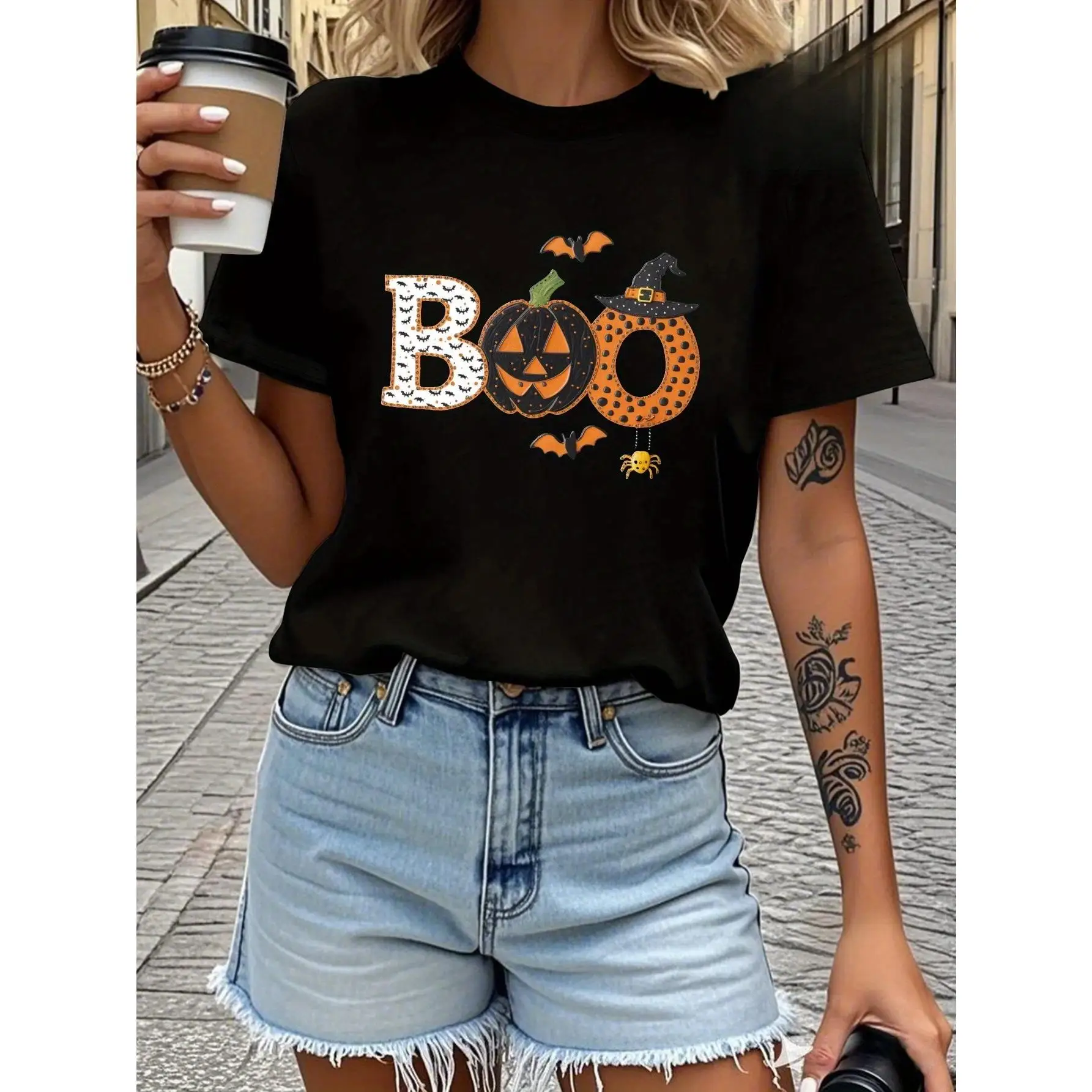 

Women's "BOO" Letter Graphic T-shirt, Cute Pumpkin & Bat Print Tops, Halloween Crewneck Short Sleeve Tee for Spooky Season