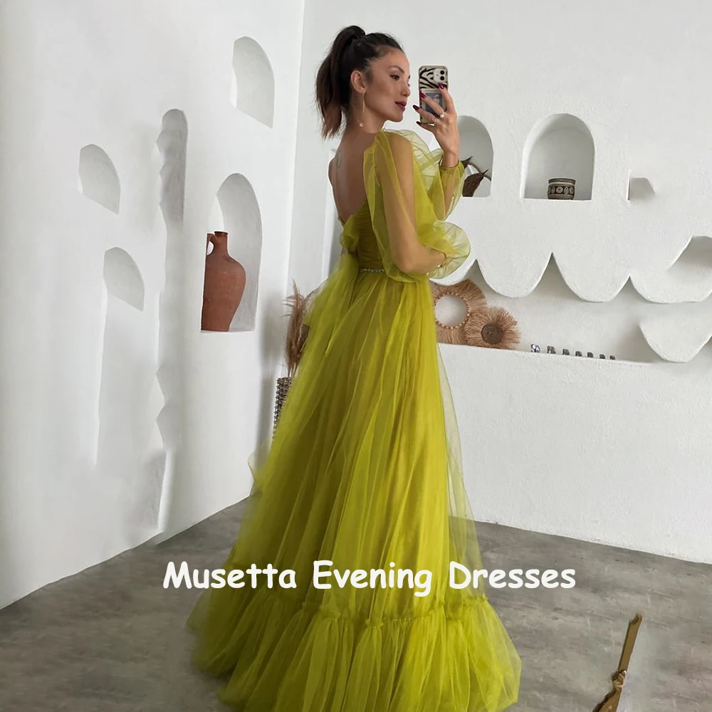 Musetta gaun Prom Tulle hijau gaun koktail Maxi ruffle gaun pesta malam A Line manik-manik silang silang lengan Puff panjang