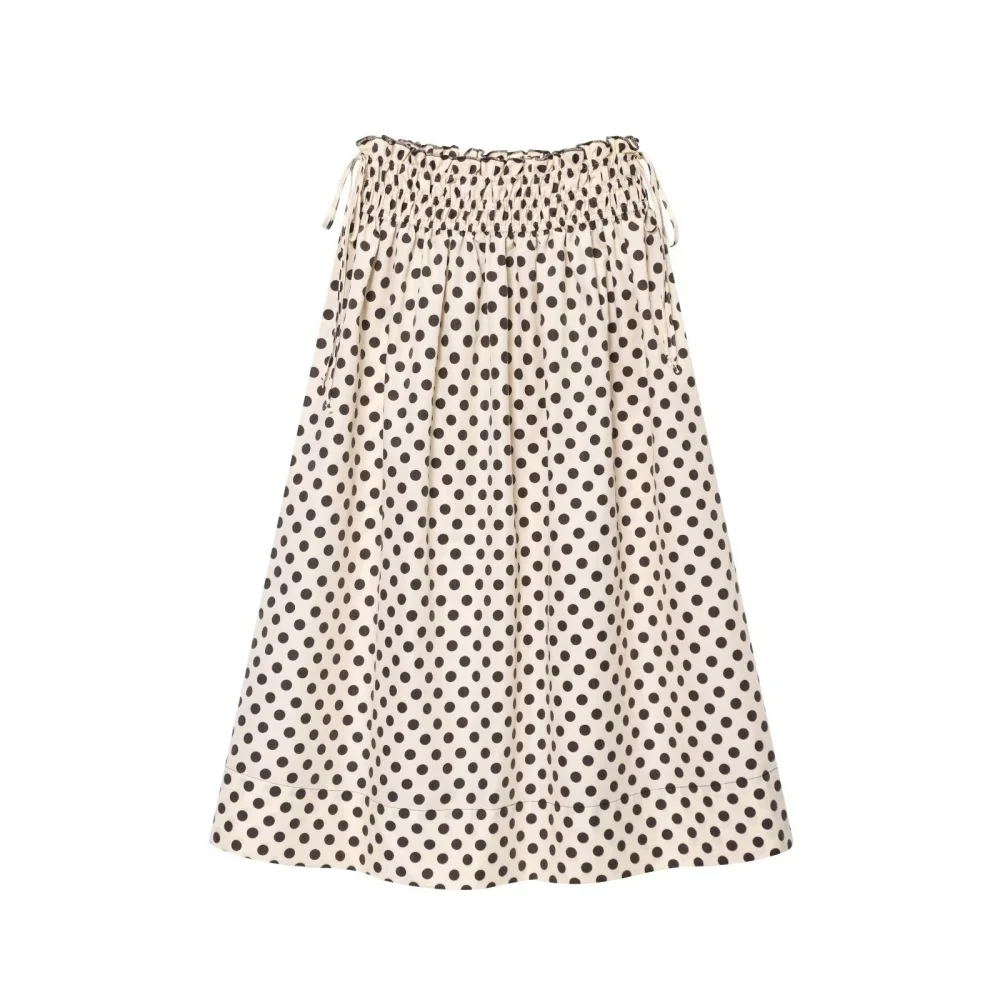 

Wave Point High Waist Elastic Waist Side Strap Midi Skirt Summer New Women's Fashion Style Half Body Skirt