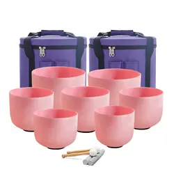 KVKA 7-12inch Pink Colored Crystal Singing Bowls Set of 7 Pcs with Carrying Cases for Yoga Sound Healing Bath