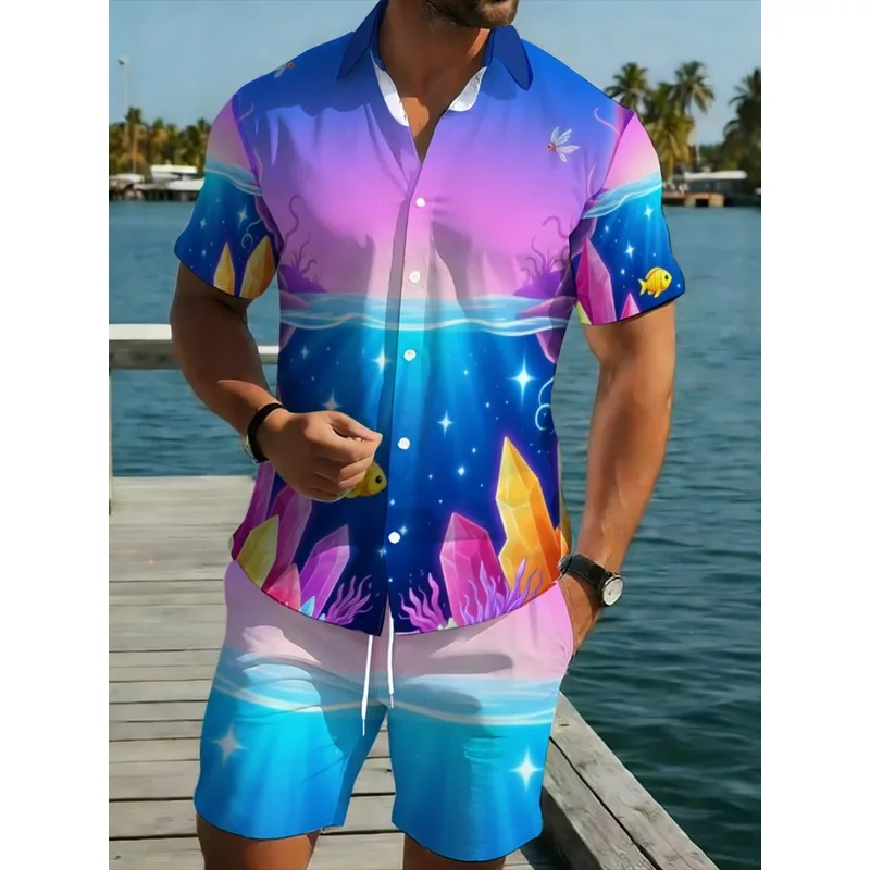 Men's Polyester Hawaiian Shirt and Shorts Set Vibrant Ocean Star Print Perfect for Beach Parties and Summer Vacation Comfortable