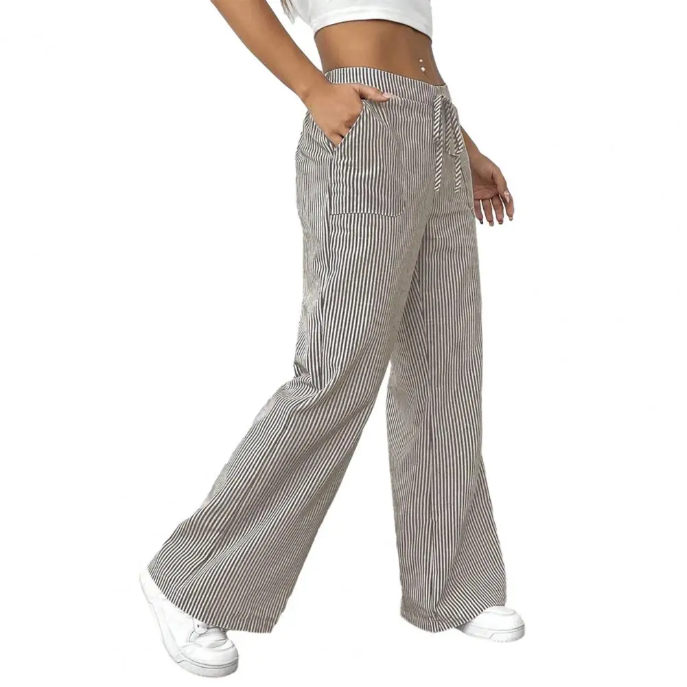 Commuting Pants Women’s Wide Leg Trousers with Elastic Waist Striped Straight Pants with Pockets Relaxed Fit Leisure for Wear