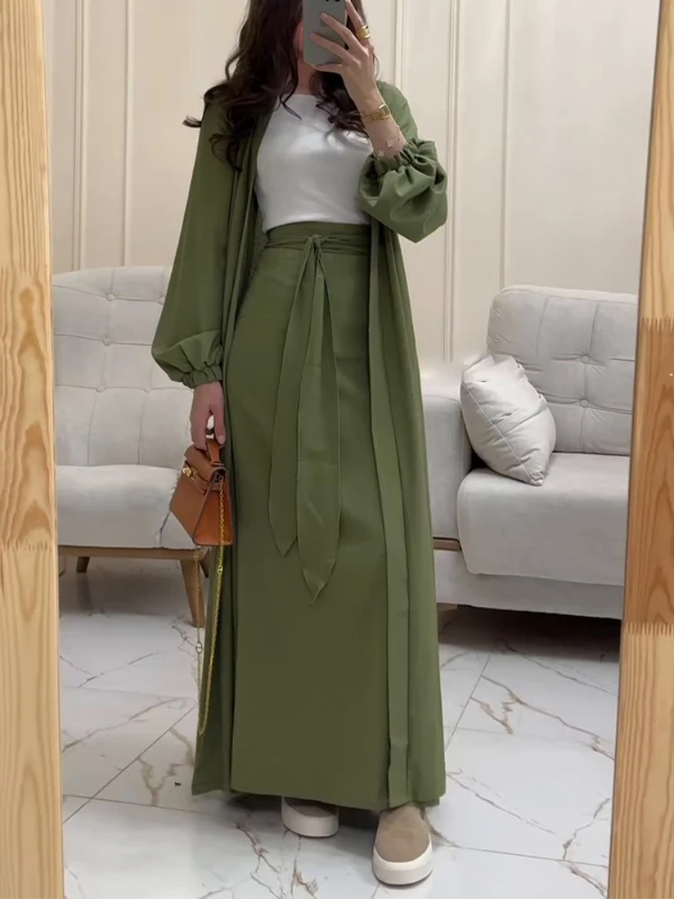 

Eid Women Abaya with Skirt 2 Piece Set Muslim Dubai Vestidos Largos Party Caftan Jalabiya Ramadan Kaftan Arab Long Skirt 2025