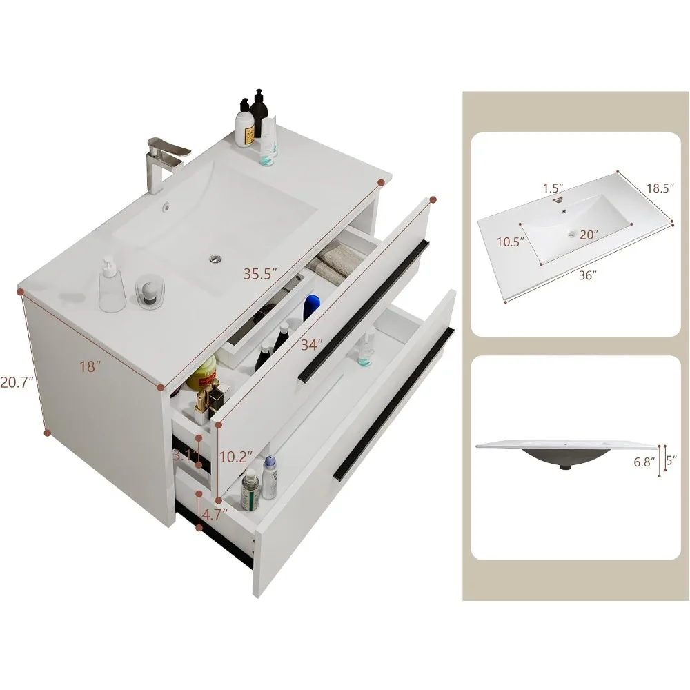 24 Inch Floating Bathroom Vanity with Sink, Wall Mounted Storage Cabinet, Soft-Close Drawers, White