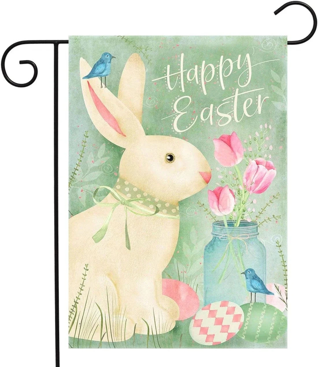 Watercolorful Happy Easter Bunny and Tulips Flower Easter Garden Flag 12x18in Garden Flag Easter Flag Spring Garden Flags