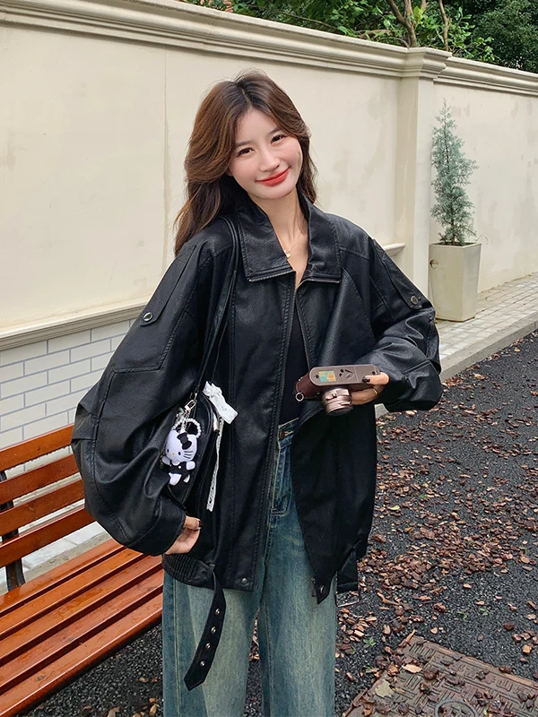 Coole schwarze PU-Lederjacke für Damen – Frühling/Herbst 2025 – Neue High-End Slim-Fit Motorrad-Bikerjacke