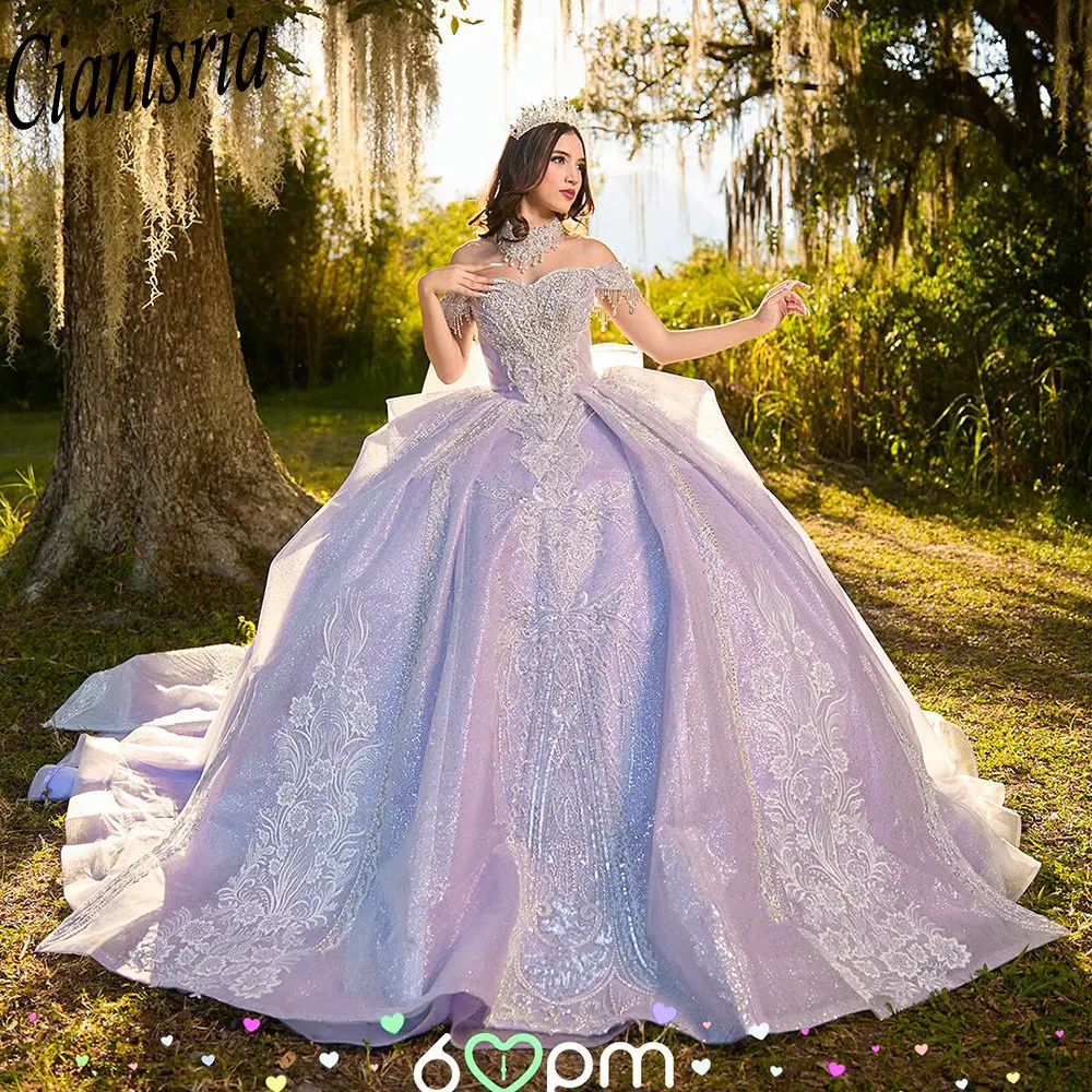

Lilac Luxury Beading Cystal Quinceanera Dresses Ball Gown Appliques Lace Ribbons Bow Sweet 15 Años Mexican Customized