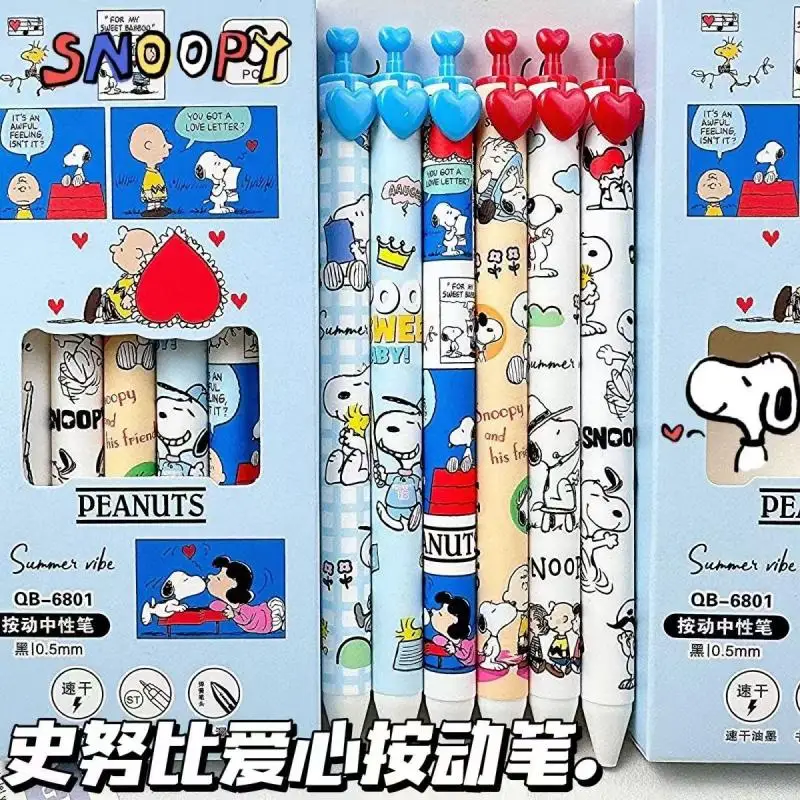 6 Pennen/doos Kawaii Snoopy Zwarte Gel Pen 0.5Mm Gebrekken Inkt Handtekening Pen Anime School Schrijven Leveringen Briefpapier kinderen Geschenken