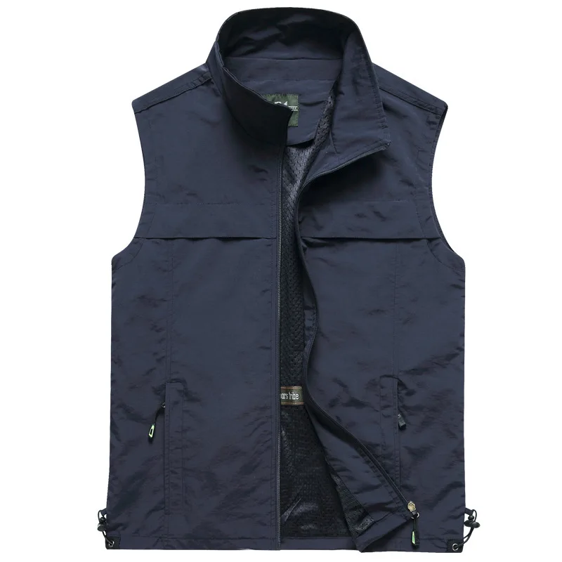 Men's Vest Spring and Autumn New Solid Color Multi Pocket Loose Size Outdoor Fishing Standing Collar Coat Men Sleeveless Jacket