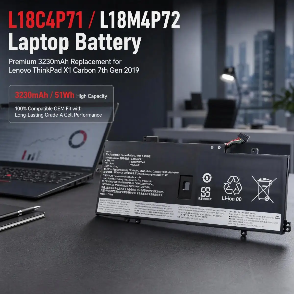 3230mAh Laptop Replacement Battery L18C4P71 L18M4P72 for Lenovo ThinkPad X1 Carbon 7th Gen 2019 Spare Notebook Battery