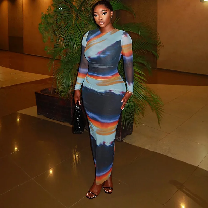 

Wind Print Slim Fit Bodycon One-Step Dress Round Neck Long Sleeve Long Dress Color Block Painted Personality Women's Clothing