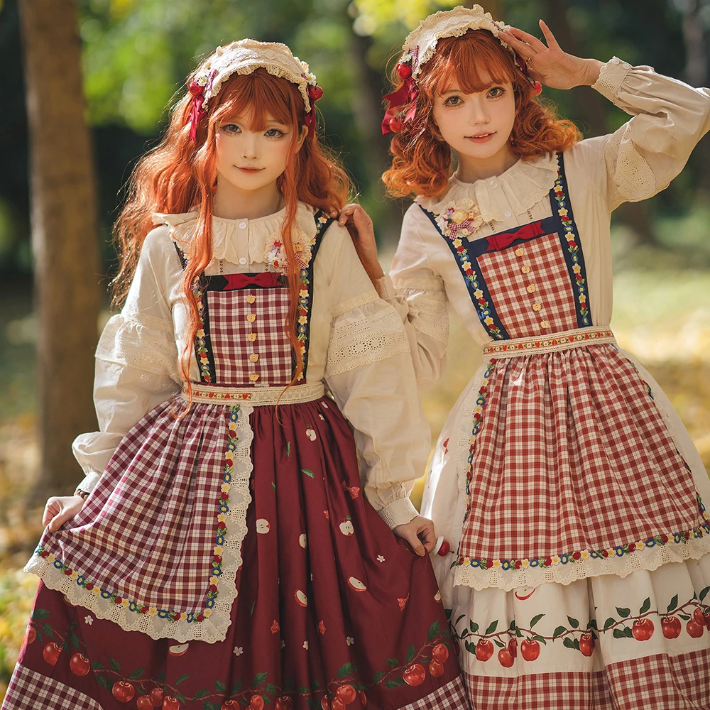 オリジナルデザインのかわいいケーキ柄の三角エプロンと麦わら帽子、素敵なロリータアクセサリー、アップルオーチャードの小物