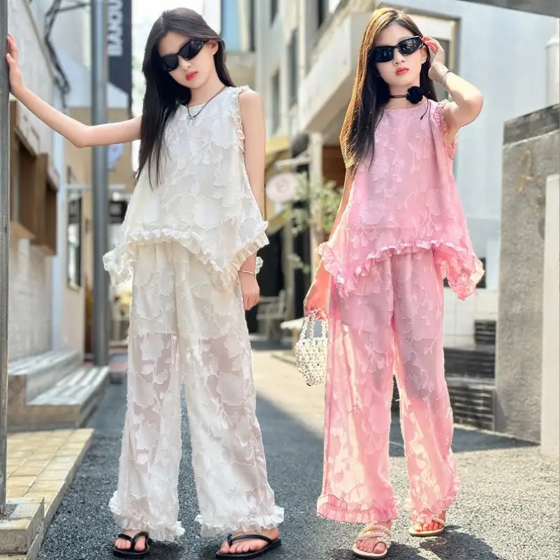 

Teenage Suits Lace Sleeveless Tops + Pants 2pcs Sets Summer Autumn New Ruffles Patchwork Fashion Clothes Children Kids Sets 1357