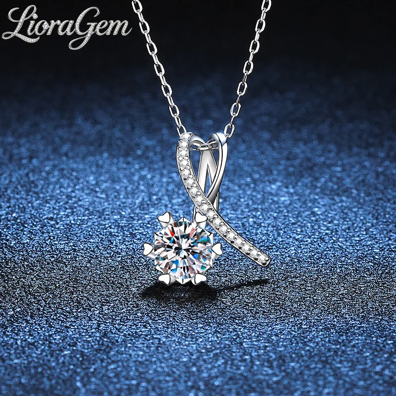 LioraGem Platinum PT950 1-Carat D-Color Moissanite Necklace for Women, Diamond-Set Bow Pendant Collar Necklace