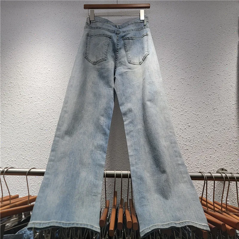 Three Dimensional Butterfly Embroidery High Waist Women Denim Pants New Spring Autumn Hot Diamonds Wide Leg Straight Jeans