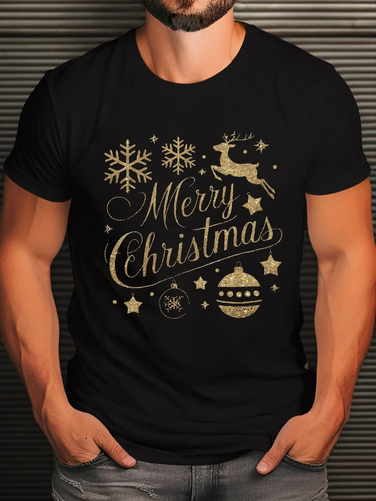 Merry Christmas Snowflakes pattern design-100% cotton summer O-neck short sleeve casual printed men's T-shirt.