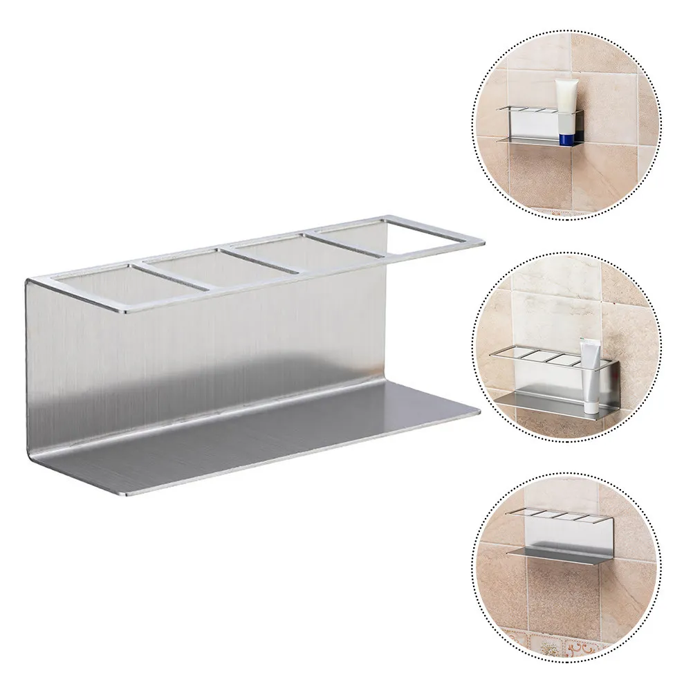 4 Slot Wall Mounted Toothbrush Holder Stainless Steel Electric Toothbrush Storage Stand with Toothpaste Shelf Organizer Rack