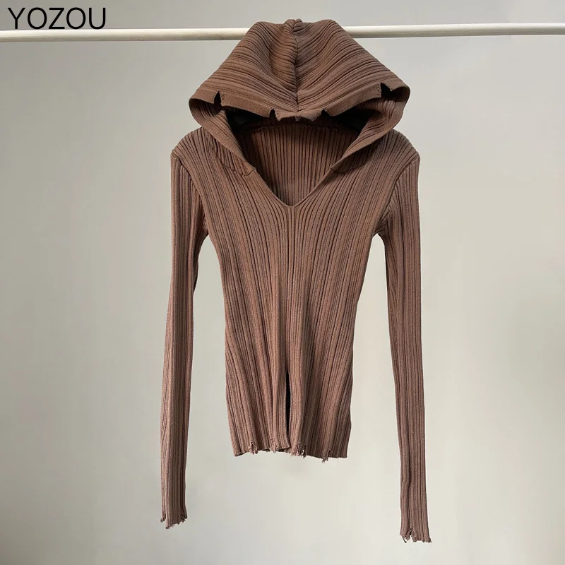 

YOZOU 2023 Luxury Design Hooded Knitwear Knitted Sweater V Neck Slim Bodycon Jumper Pullovers Long Sleeve Y2k Green Top Women