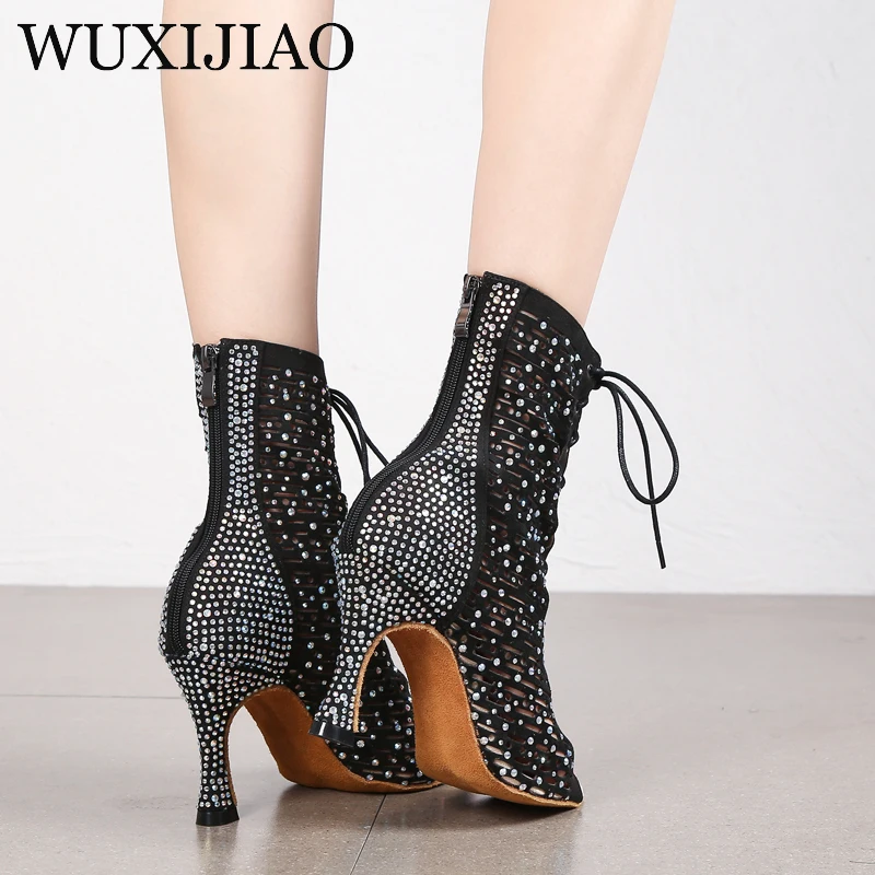 Ladies High Top Dance Shoes Black Ballroom Boots Salsa Tango Dance Shoes Girls Fashion Party Cutouts High Heels Sandals Summer