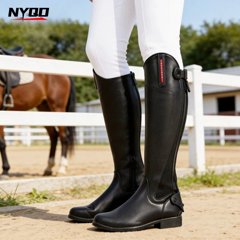 Men Women Genuine Leather Equestrian Tall Riding Boots, Elastic Wide Calf Jumping Horse Boots, Non‑Slip Horse Rider Footwear