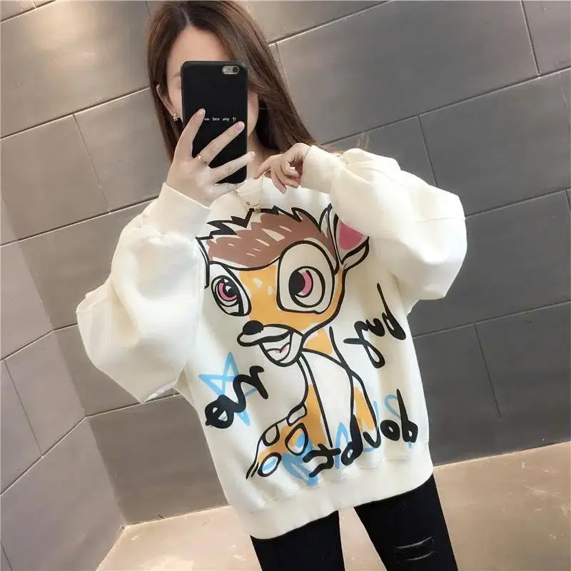 2023 New Korean Loose Pullover Printed Cartoon Hoodies All-match Spring Autumn Solid Color Round Neck Long Sleeve Casual Tops