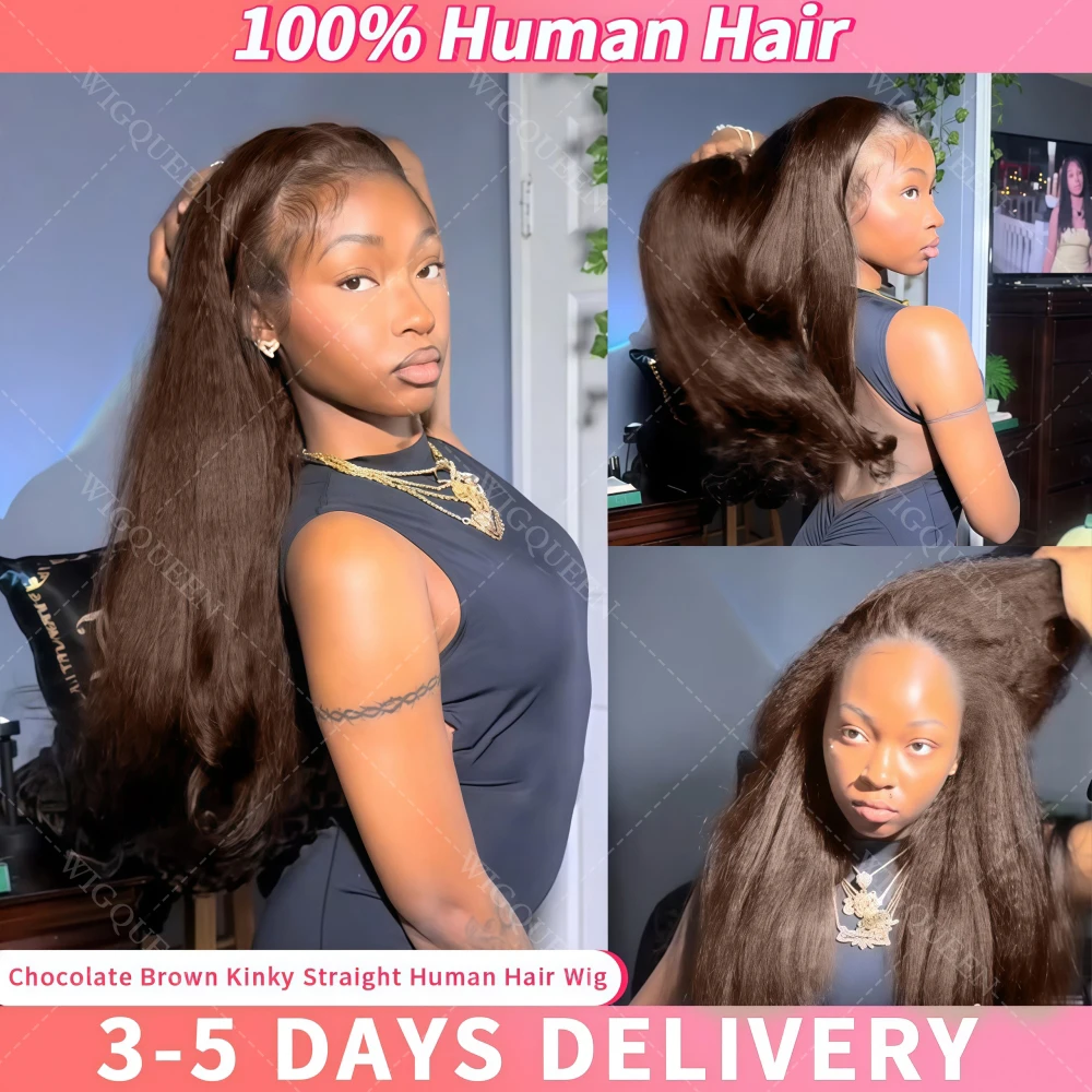 

#4 Chocolate Brown 13x6 Lace Front Kinky Straight Wigs Ultra-fitted HD Transparent Yaki Straight Frontal Closure Human Hair Wigs