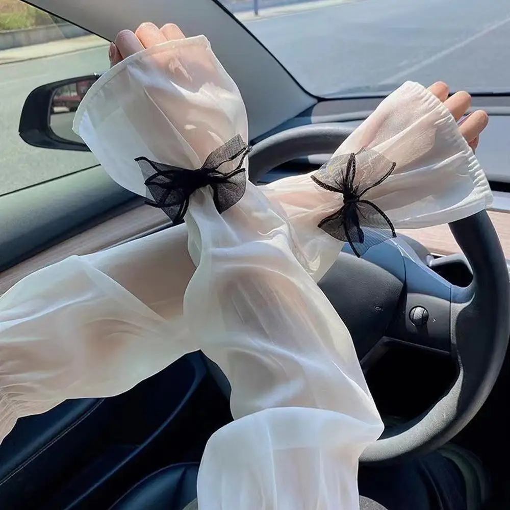 Camisa de protección solar de seda de hielo para mujer, blusa de manga con lazo y bloqueo UV, Top de manga acampanada de gasa perlada, transpirable para conducir