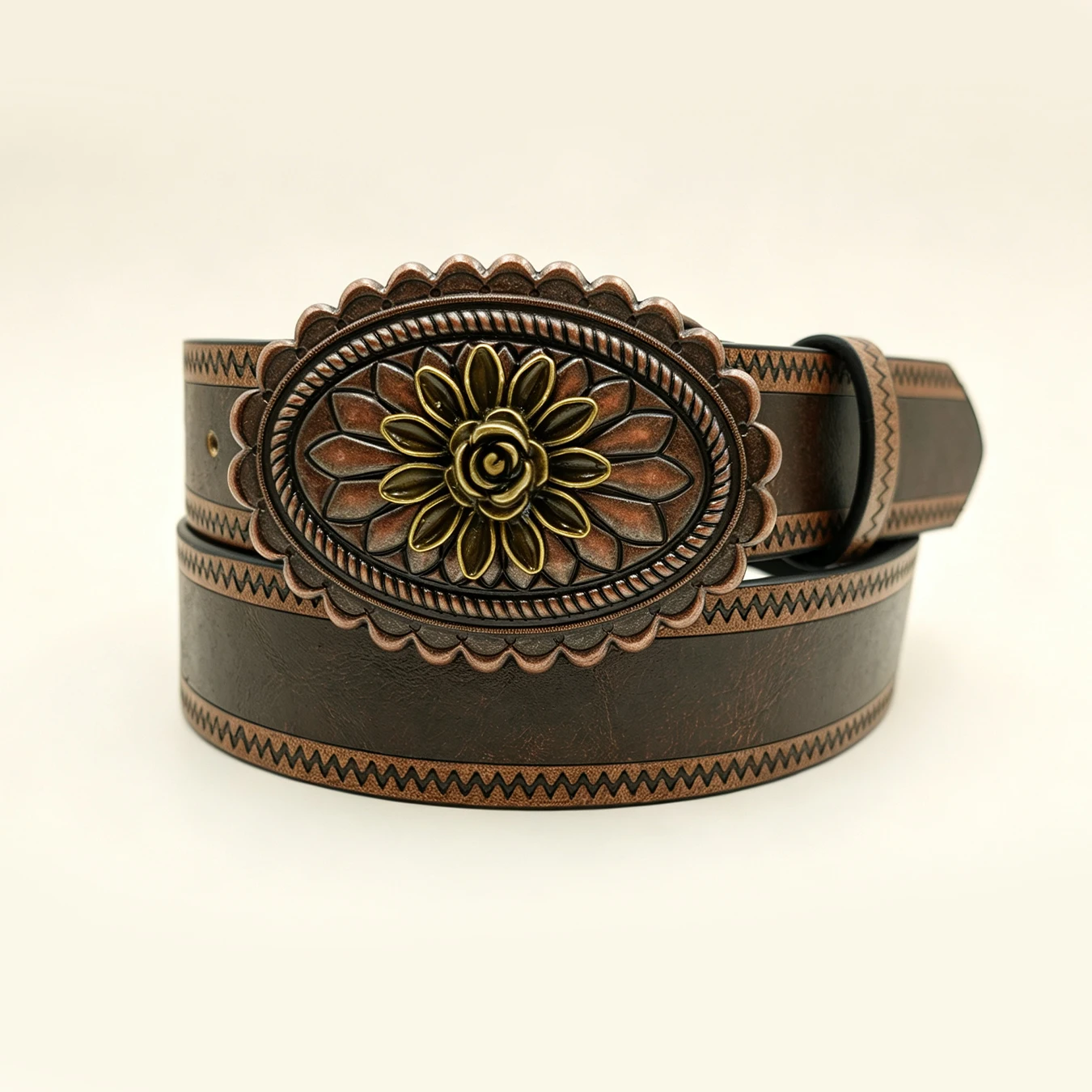 Western Vintage Carved Flower Oval Buckle Women Belt, Boho Embossed Edge Pu Leather Waist Belt for Dresses Jeans