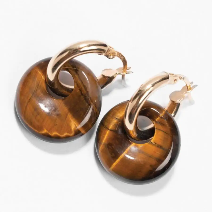 Women Tiger Eye Donut Dangle Huggie Hoop Earrings Gold Leverback Drop Earrings Boho Natural Stone Minimalist