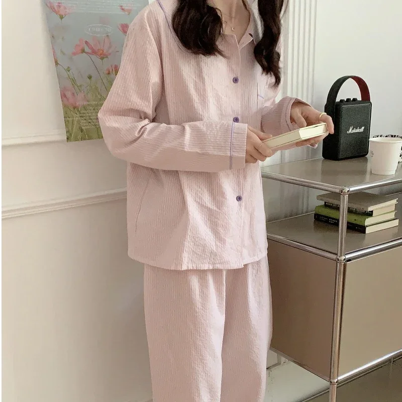 Spring and Autumn Long Sleeve Pajamas Cute Color Blocking Stripes Casual Loose Sleepwear Turn-down Collar Homewear 2 Pieces Set